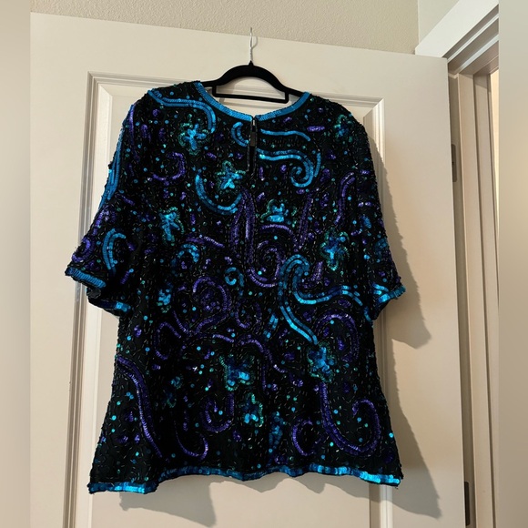 Vintage Laurence Kazar 100% Silk Beaded Sequin Blouse Plus 3X Blue Purple EUC - Picture 2 of 5